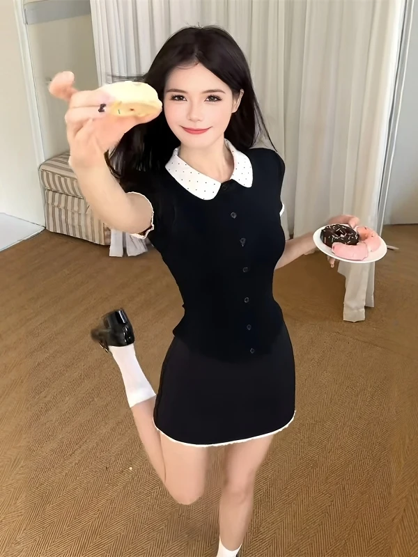 

High Waist Short Sleeve Doll Collar Two-Piece Set Elegant Summer Outfit for Women Cute Style Button Closure Casual Fashion