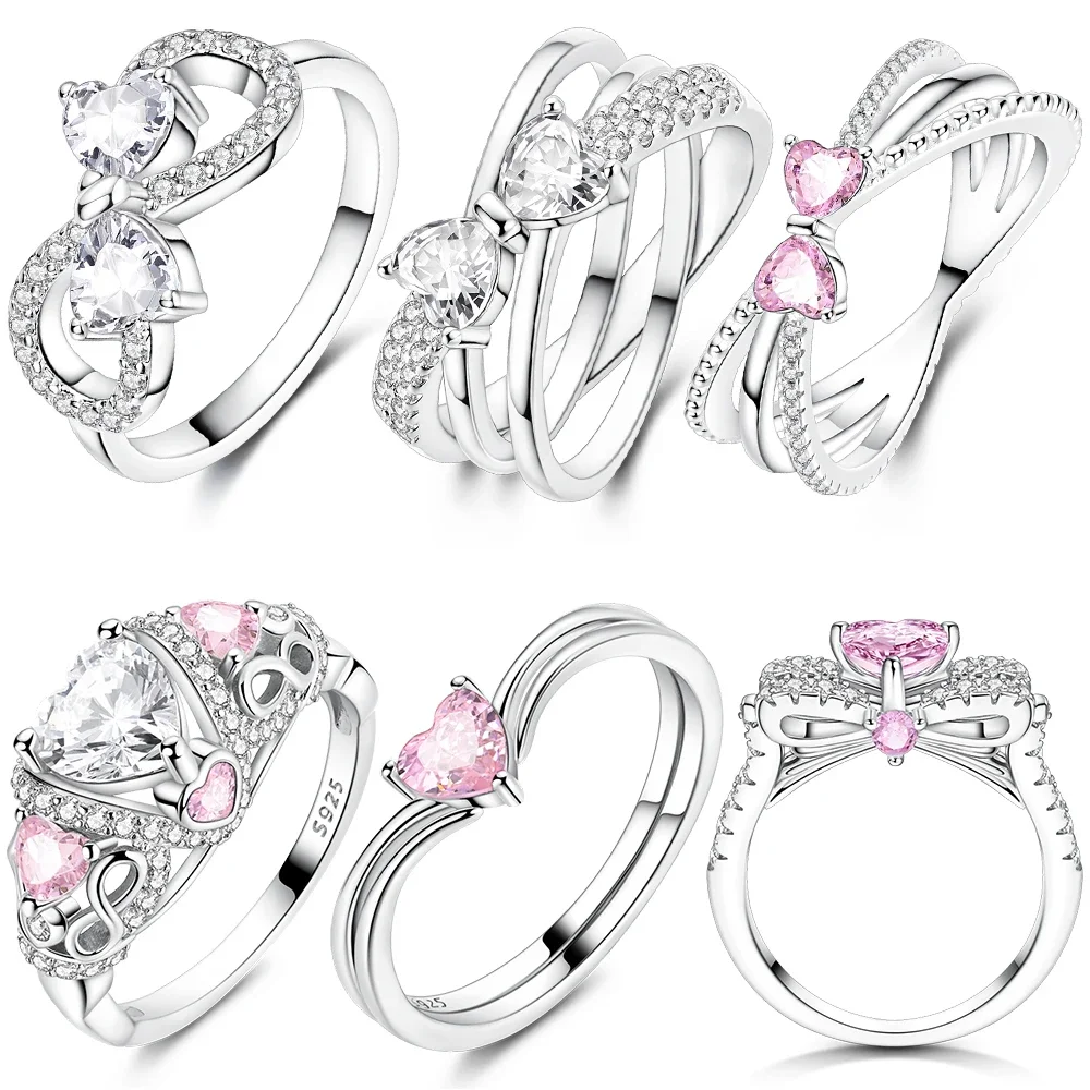 

Original 925 Sterling Silver Pink Bow Ring Infinitely Beautiful Heart Women Rings Jewelry Valentine's Day Fine Gift Accessories