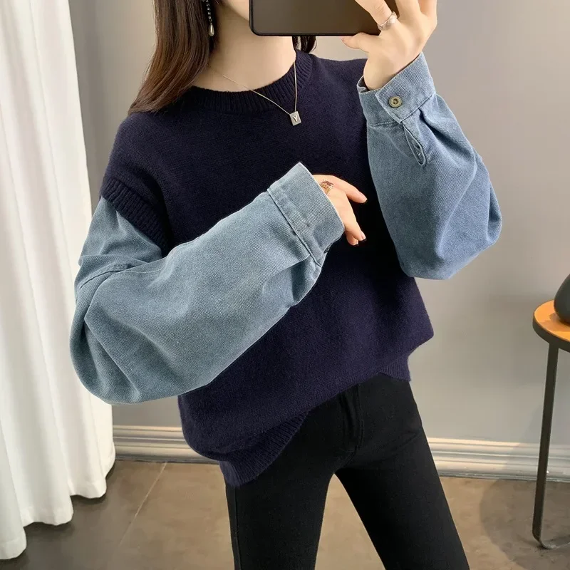 Women Casual Trendy Daily Knitwear O-Neck Patchwork All-match Fashionable Streetwear No Hat Hoodies Sweatshirts Indie Chic