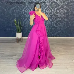 Angelsbridep Saudi Arabia Fuchsia Tulle Prom Dresses Ruffles With Flower A-line Evening Dress Party Dresses Vestidos De Noche