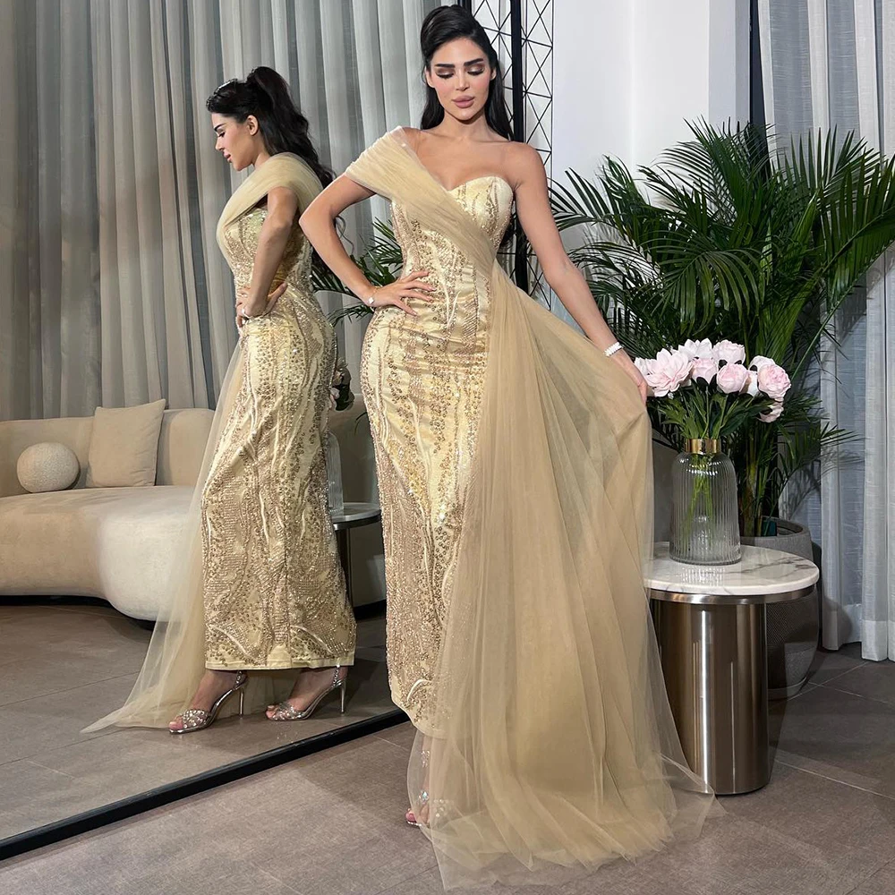 Requintado cetim sereia vestido de noite apliques de luxo lantejoulas personalizado vestidos de baile temperamento painel trem vestidos de celebridades