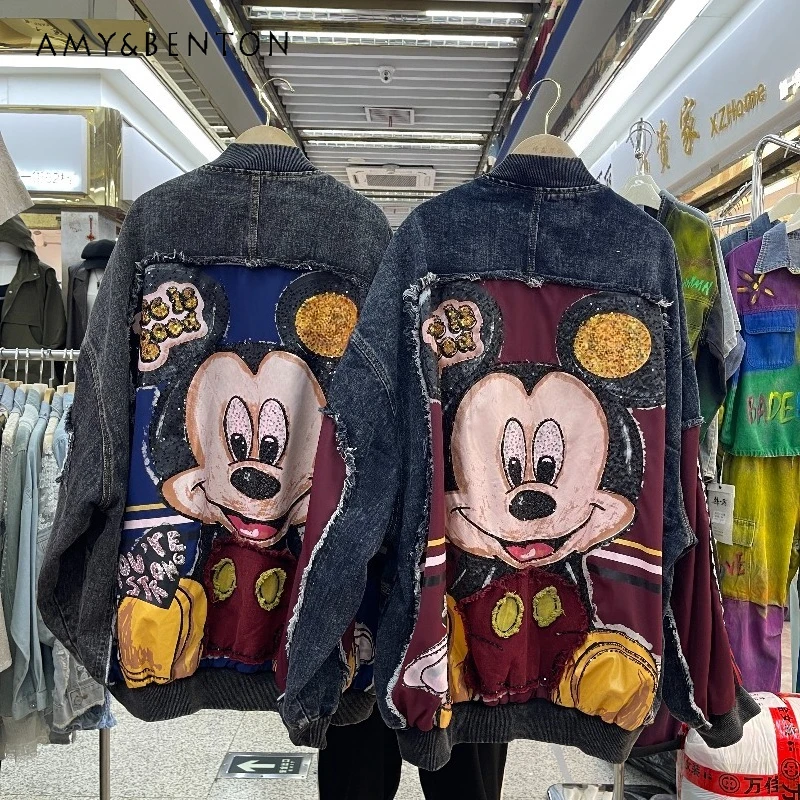 2025 Autumn New Loose Mid-Length Cartoon Heavy Industry Baseball Jacket Vintage Coat Women's Zipper Long-sleeves V-neck Jaquetas