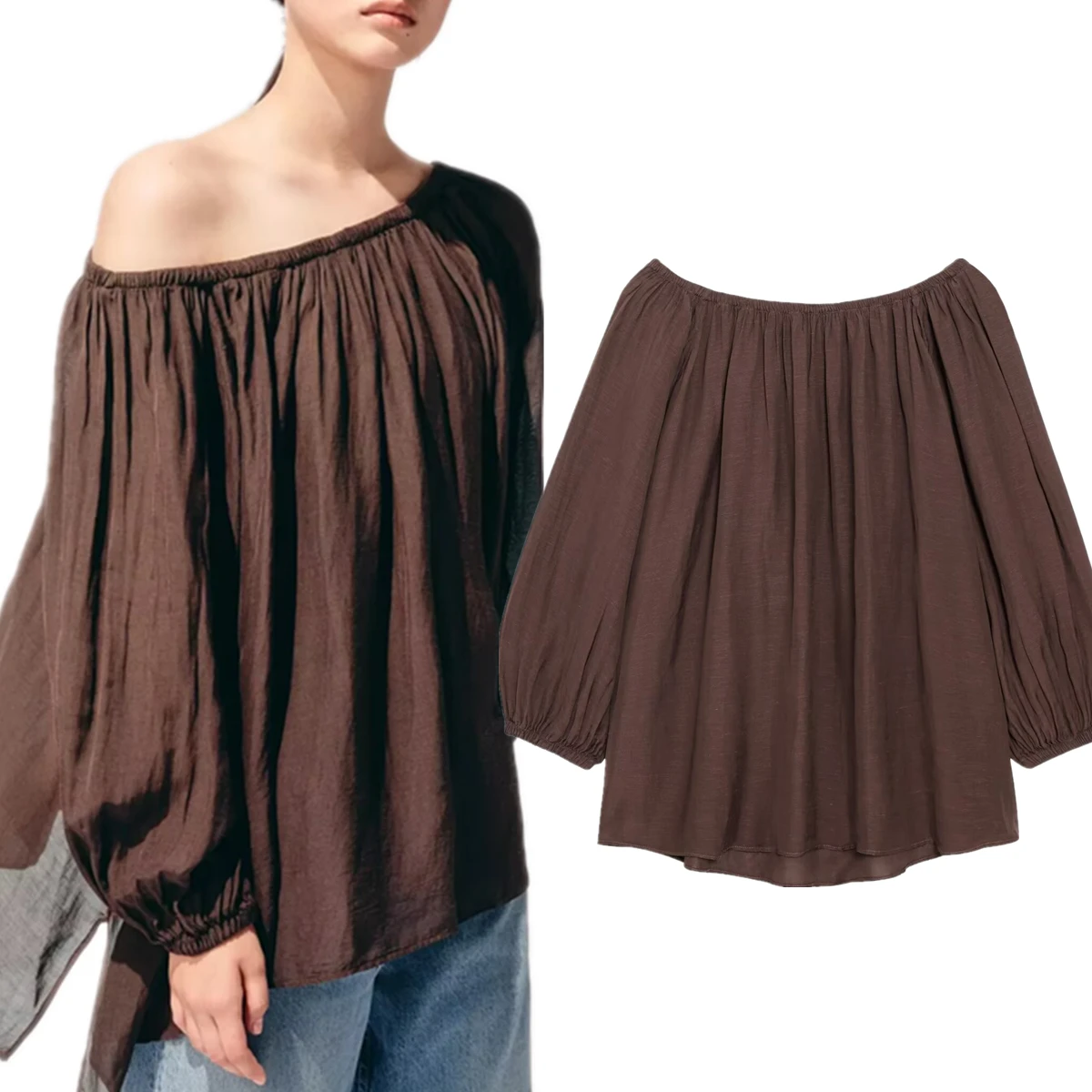 

Dave&Di Japanese Style Minimalist One Shoulder Autumn Shirt Coffee Color Elegant Casual Long Sleeve Shirt Tops Blouse Women