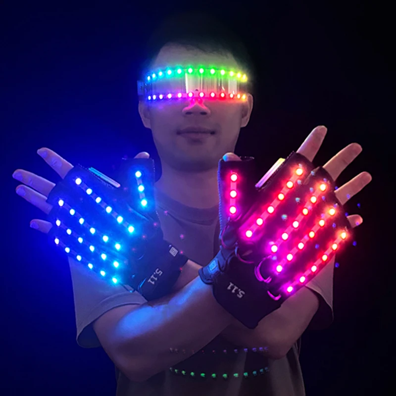 Uzaktan Kumanda Light Up LED Eldiven LED Gözlük Müzik DJ Parti Cosplay Sahne Performansı Parlayan Yarım Parmak Lazer Işıkları Eldiven