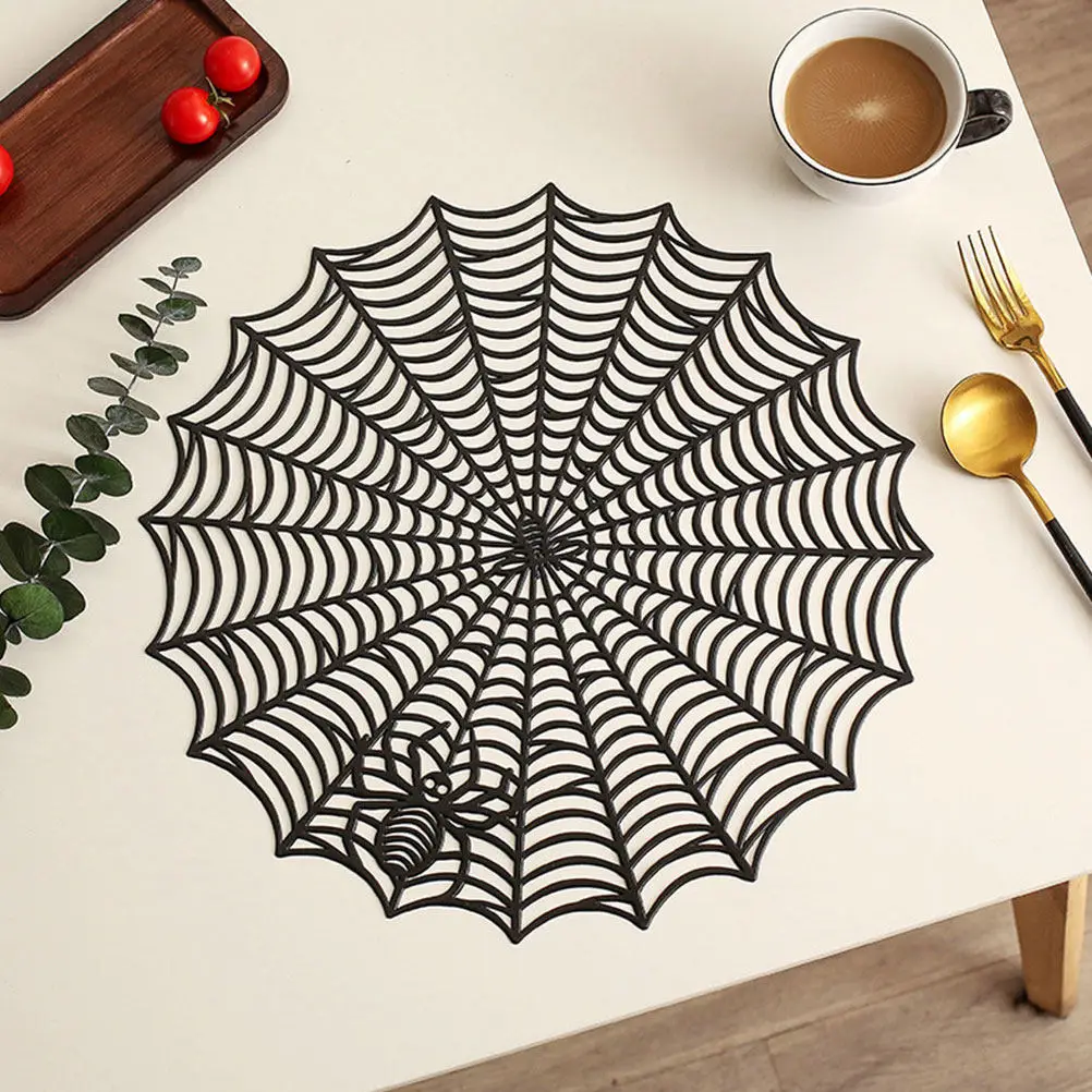 6Pcs Spider Web Halloween Table Placemats PVC Hollow Round Dining Table Mats Reusable Heat Insulation Coaster Dinner Plate Mats