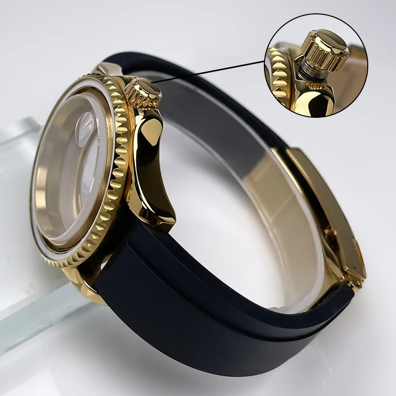 Full Yellow Gold YM Design NH35 Case 40mm Two-Way Rotating Bezel Rubber Strap Sapphire Glass NH35 NH36 NH34 Movement Watch Case - view 3