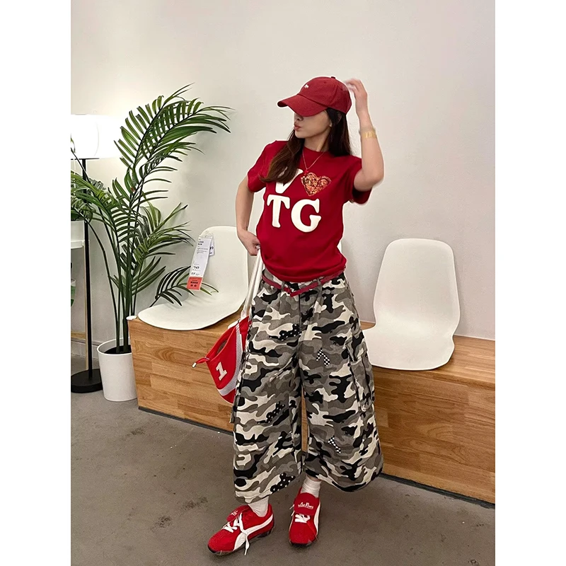 ZHIZOU Women Cargo Jean Jorts Camouflage Shorts Japanese Y2K 2000s American Retro Calf-Length Denim Pants Tide High Street Tide