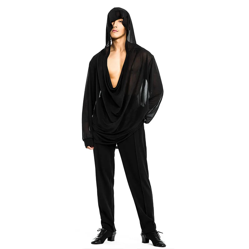 ใหม่ผู้ชายLatin Dance Tops Hoodedสีดําตาข่ายชายRumba Cha Chaเต้นรําเสื้อผ้าละตินเต้นรําสวมใส่DNV21873