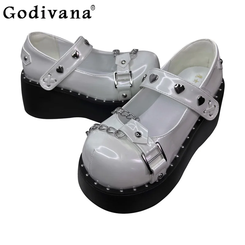Zapatos originales de cuero de suela gruesa para mujer, zapatos de punta redonda de Lolita dulce y fresco, zapatos blancos y negros de verano para mujer
