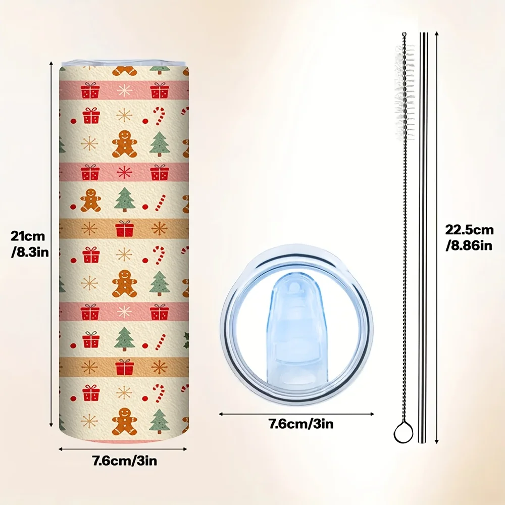 1ps Halloween and Christmas 20oz Insulated Stainless Steel Tumbler with Straw, Cute Xmas Gingerbread for Man Gift Box Tree Candy Cane Festive Pattern, Reusable Water Cup for Home Office Travel Holiday Daily Use