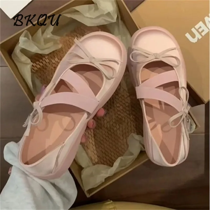 

BKQU Bow Single Shoes 2024 Autumn New Niche Sweet Cool Two Wear Casual Thick Soled Mary Jane Single Ballet Flats Shoes Women