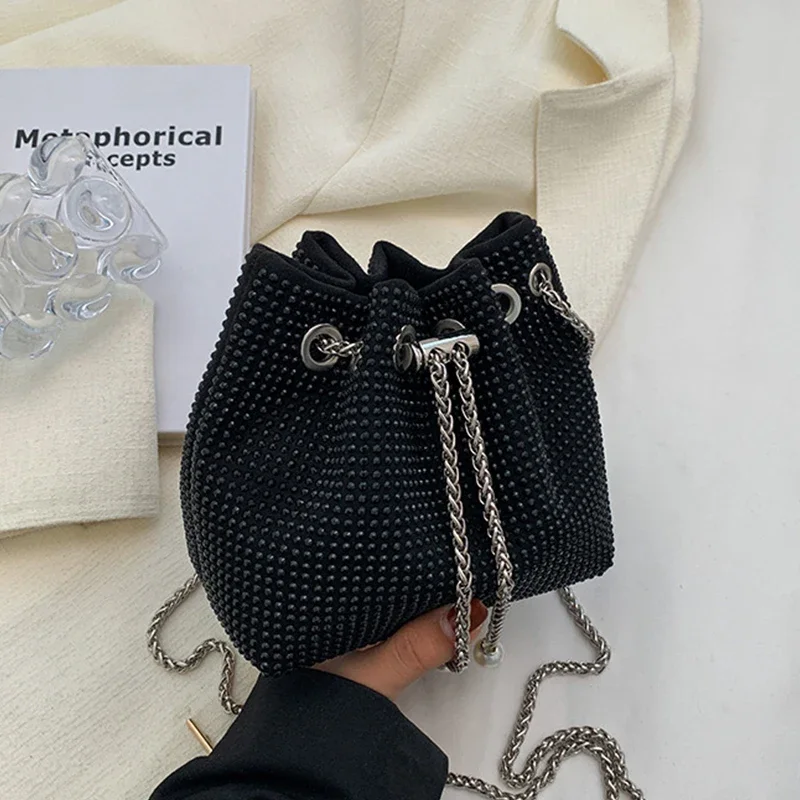 Luxury Rhinestone Shoulder Bags For Women Pearl Chains Bucket Crossbody Bags Drawstring Underarm Handbag Messenger Purse