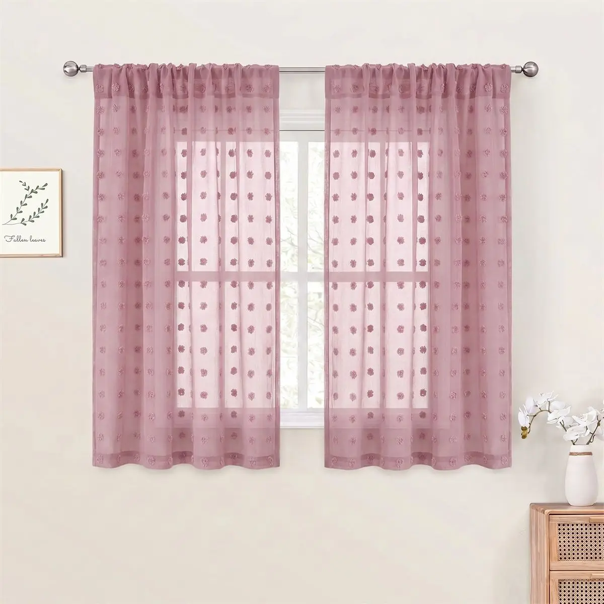 Peach Pink Pompom Sheer Curtain Rod Pocket Top 3D Pom Pom Jacquard Voile Curtain Light Filtering Soft Polyester Washable Sweet S