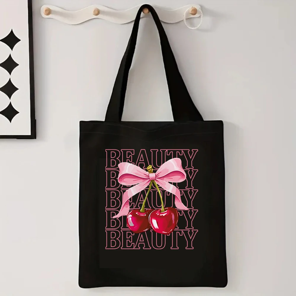 

Beauty Cherry Bow Canvas Tote Bag Coquette Style Reusable Shoulder Bag Large Capacity Canvas Bag the Best Choice for Travel