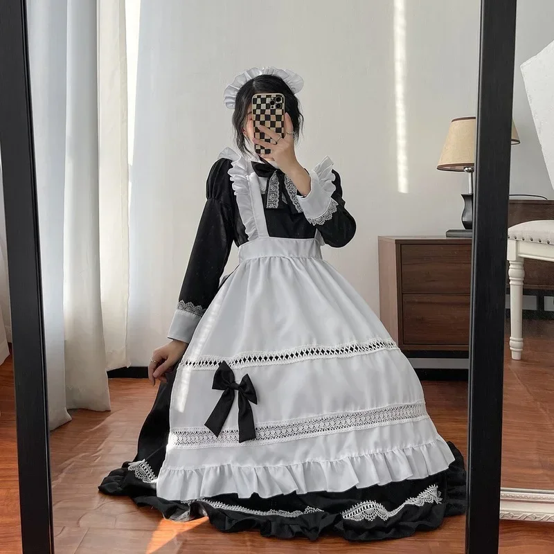 Plus size lolita jurk anime cosplay schoolmeisje meid uniform Goth Lolita zwart wit Dieval jurk lange mouw schort outfits E