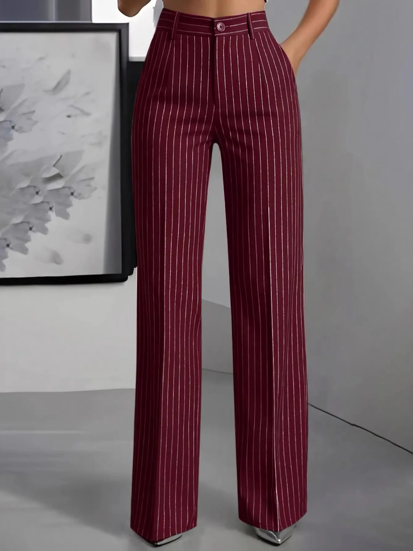Elegant High Waist Straight Leg Suit Pants Commute Versatile Simple Stripes Women Casual Pants Business Formal Trousers