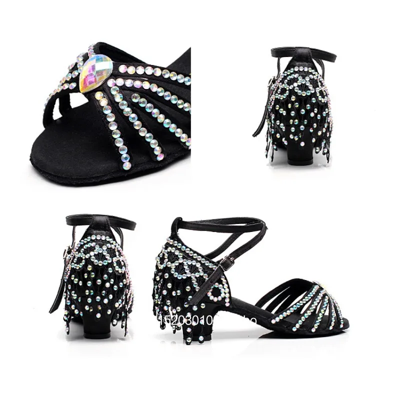 Novos sapatos de dança latina para crianças, sapatos de diamante para meninas, sapatos de dança com borla de sola macia, sapatos de dança padrão de competição