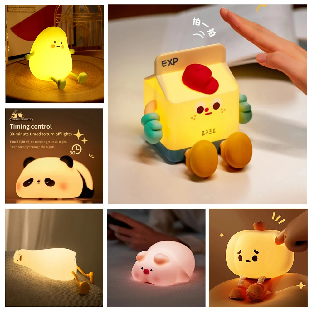 Led Night Light Cute Duck Cartoon Animals Milk Box Silicone Lamp For Children Kid Touch Sensor Timing Usb Rechargeable Birthday