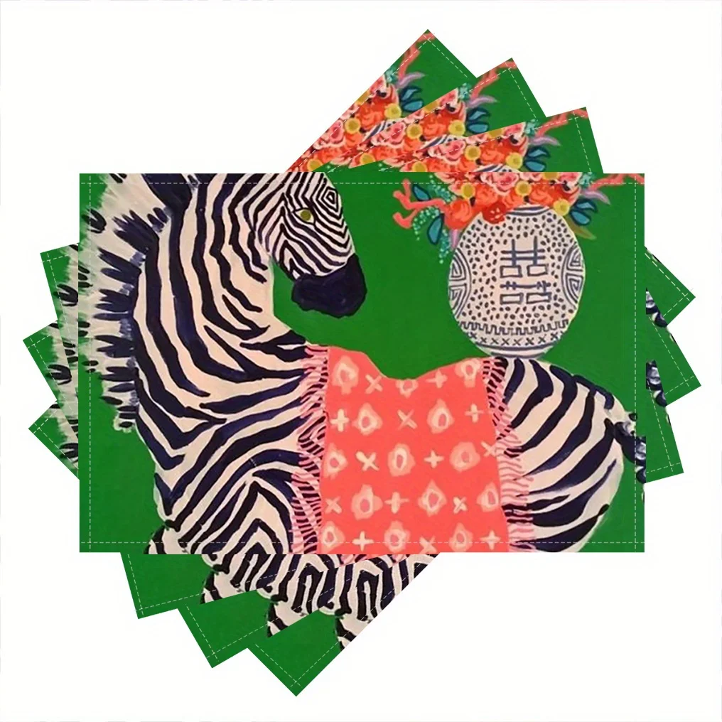 A Set of Four Linen Placemats, Measuring  Featuring Zebra And Oriental Vase Designs, Rectangular Shape, Machine Washable