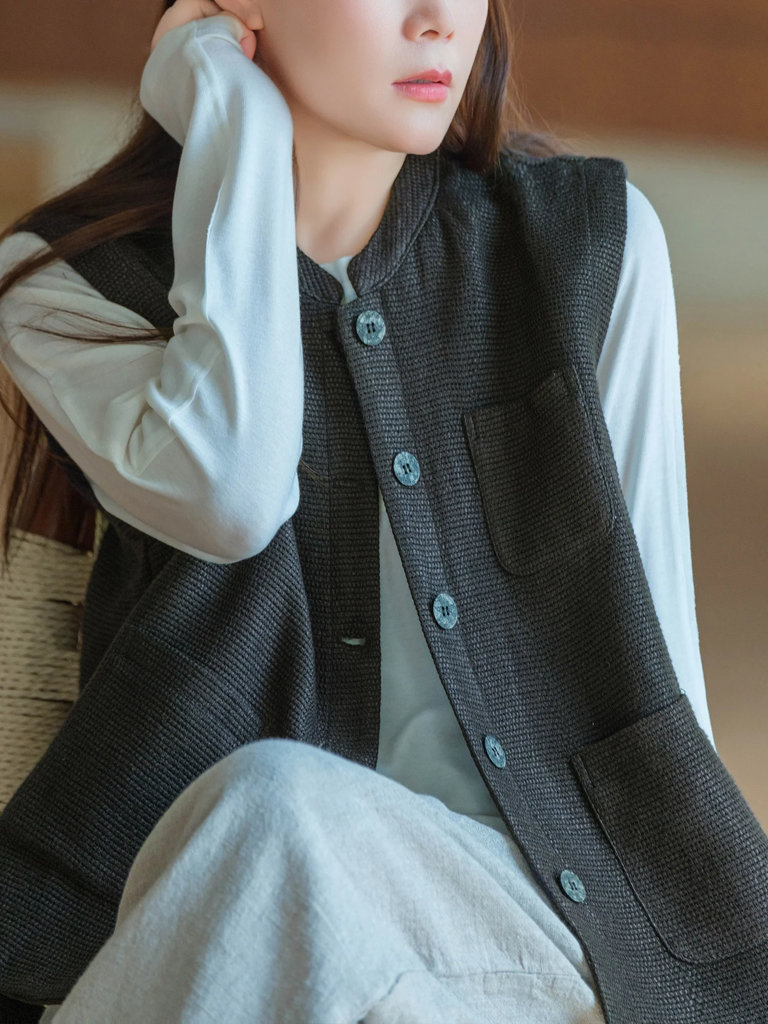Loose Linen Texture Wide Check Vest by Little Ear Elegant Style Single Button Closure Breathable Daily Wear Customized Design