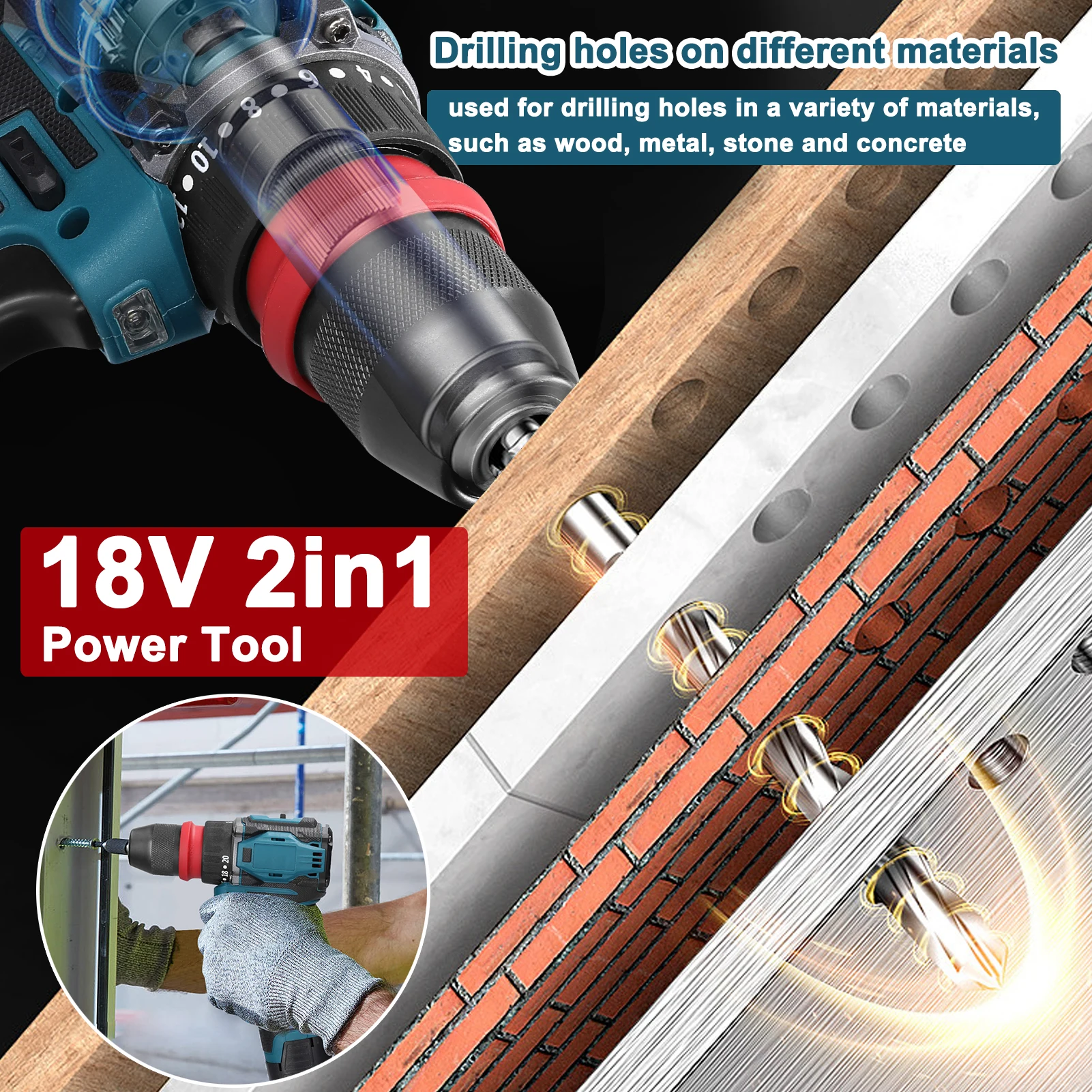 18V 2in1 Lithium Drill Electric Screwdriver Multi-function Power Tool 45Nm Torque Brushless Motor Practical Screw Driver