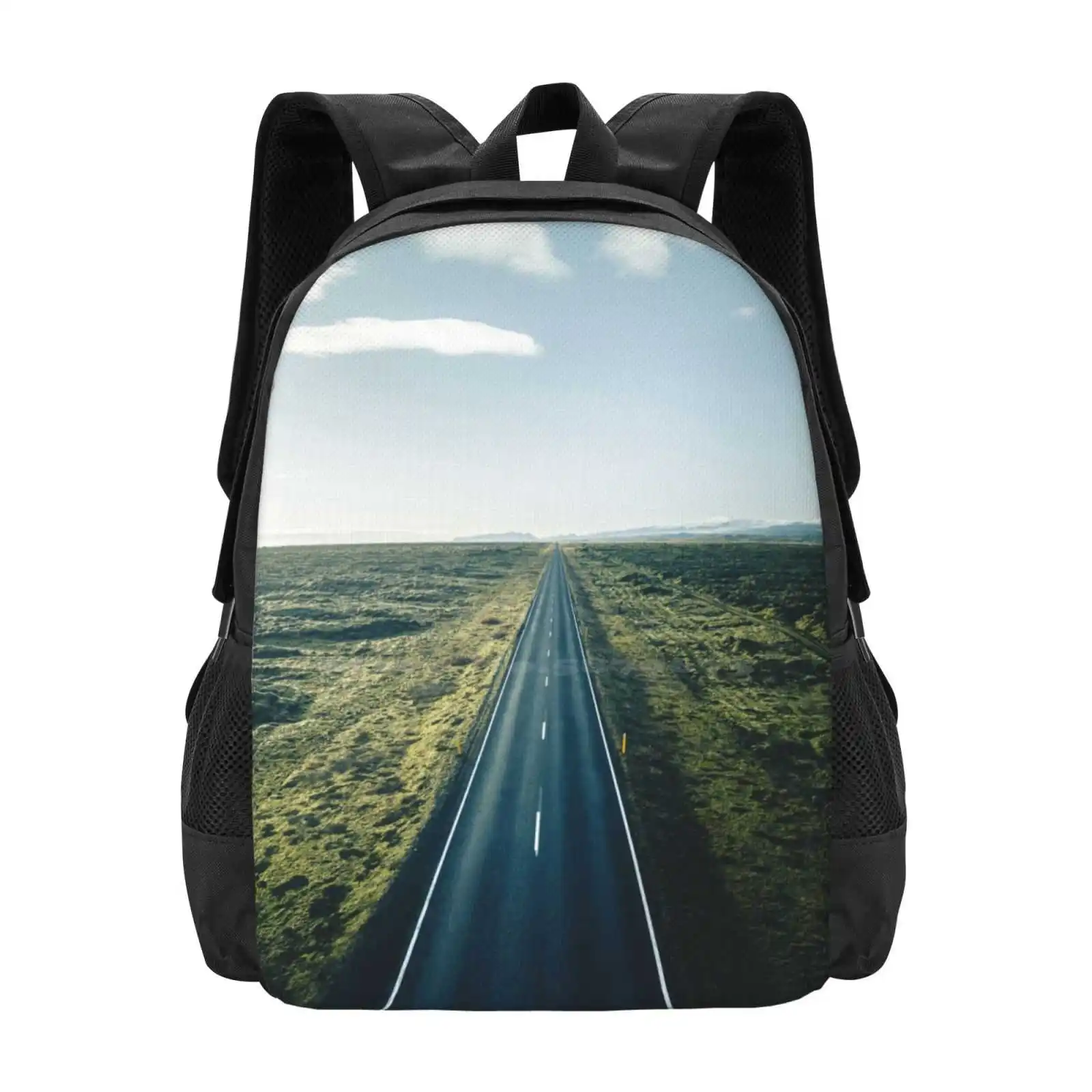 Road Ahead Large Capacity School Backpack Laptop Bags Aerial Car Clouds Cold Distance Drone Fall Green Iceland Landmark