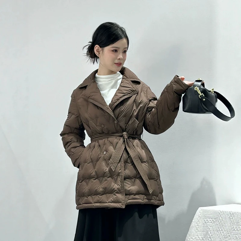 Winter White Duck Down Quilted Mid-length Outwears Women Lightweight Lace Up Down Jacket Female Double-breasted Warm Slim Jacket