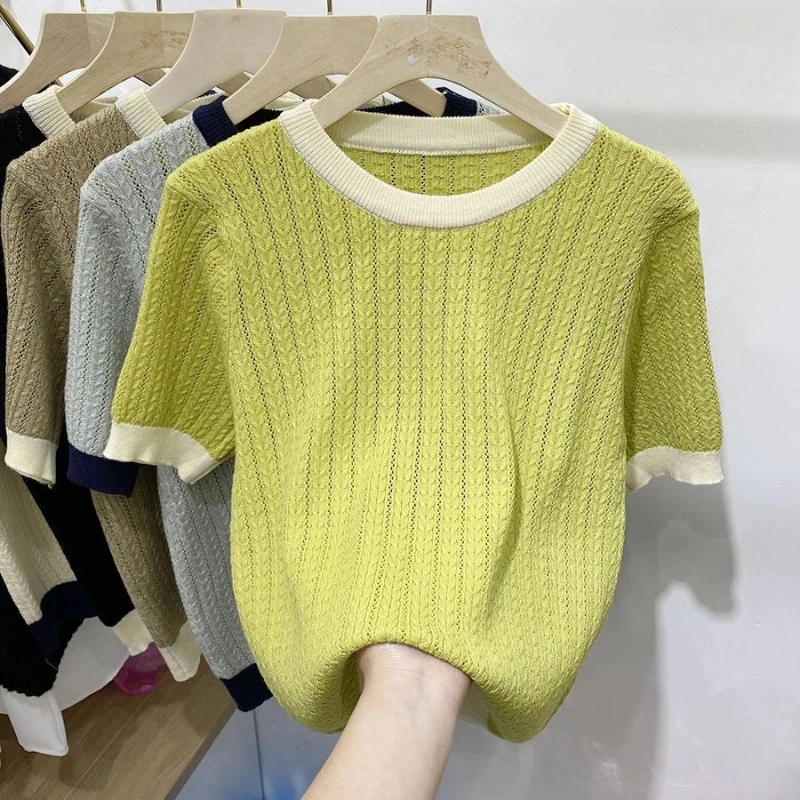 Eis Seide Aushöhlen Dünne Lose Beiläufige Tops Sommer Neue Oansatz Kontrast Patchwork Vintage T Shirts Mode Harajuku Frauen Kleidung