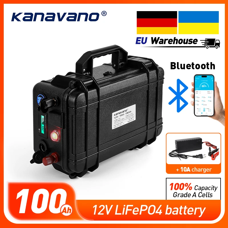 Kanavano 12.8V 100Ah LiFePO4 Akumulator Wbudowany Bluetooth BMS 12V 40Ah Wodoodporny do Solar Camper Yacht Inverter Engine Moto