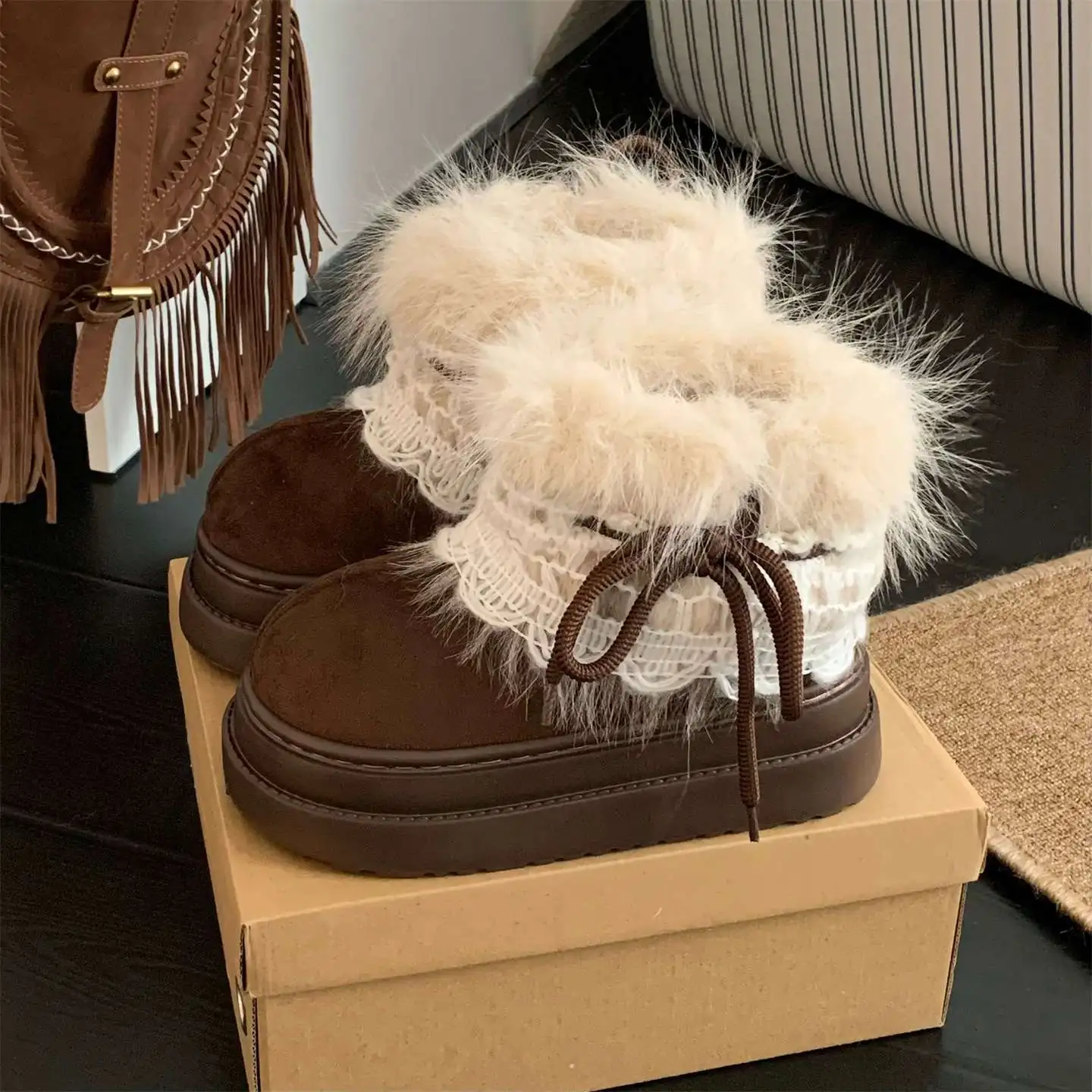 

Korean Style Lace Snow Boots 2025 Winter Plush Warm Short Boots Girls Sweet Thick Bottom Casual Boots Students Cotton Shoes