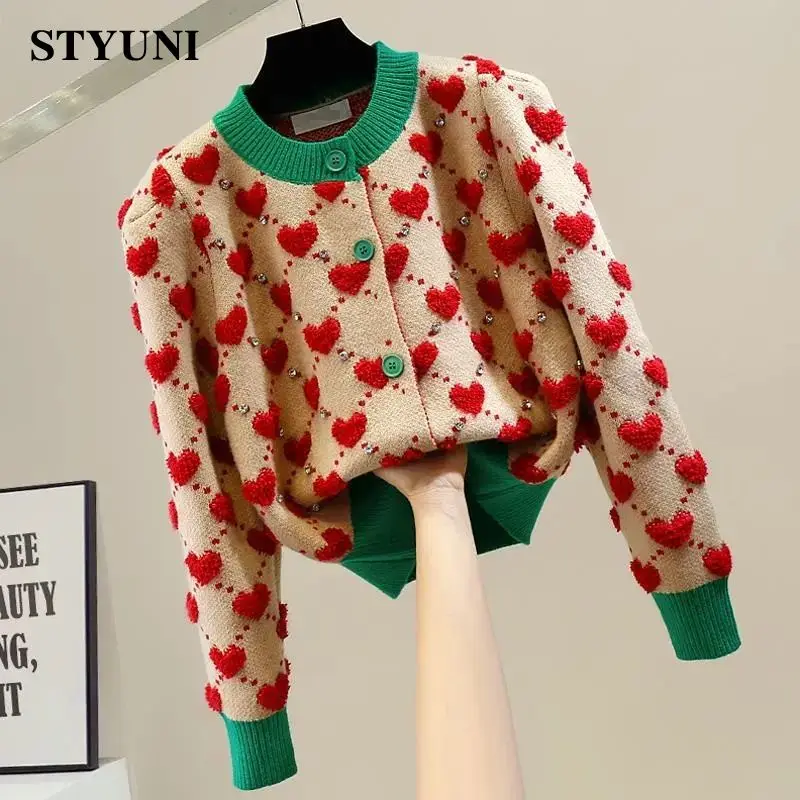 Heart Argyle Diamonds O-Neck High Street Kawaii Knitted Women's Sweaters Long Sleeve Buttons Short Jumpers Female Cardigans