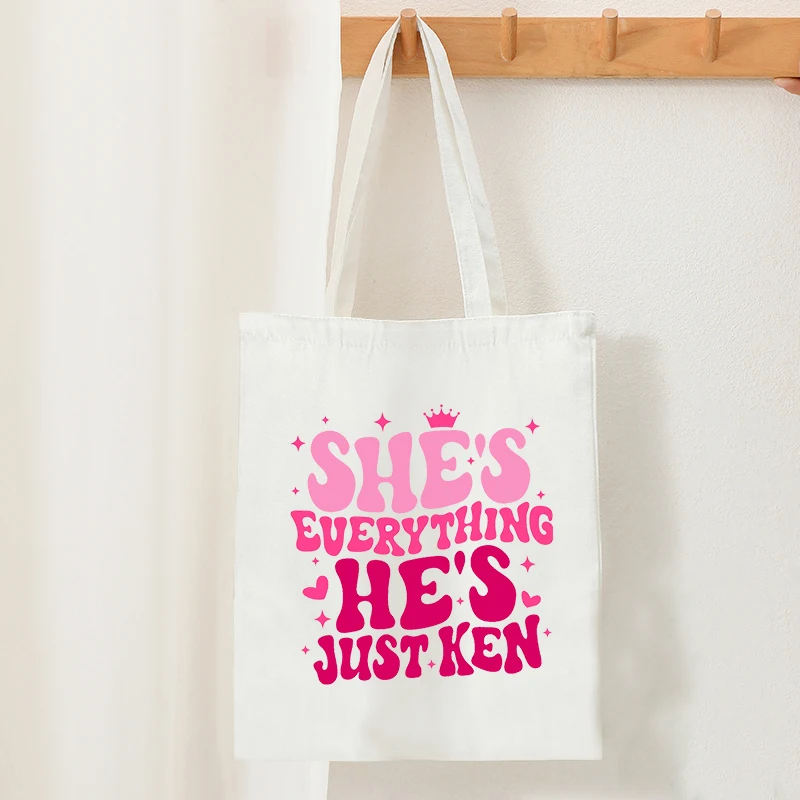 

She's Everything He's Just Ken Pattern Tote Bags for Women Canvas Shopping Bag for Girls Back to School Summer Travel Beach Bag