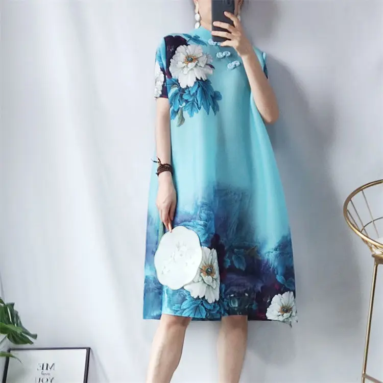 

Chinese style printing mother elegant A-shaped skirt loose large size cheongsam dress 2025 summer new pleats