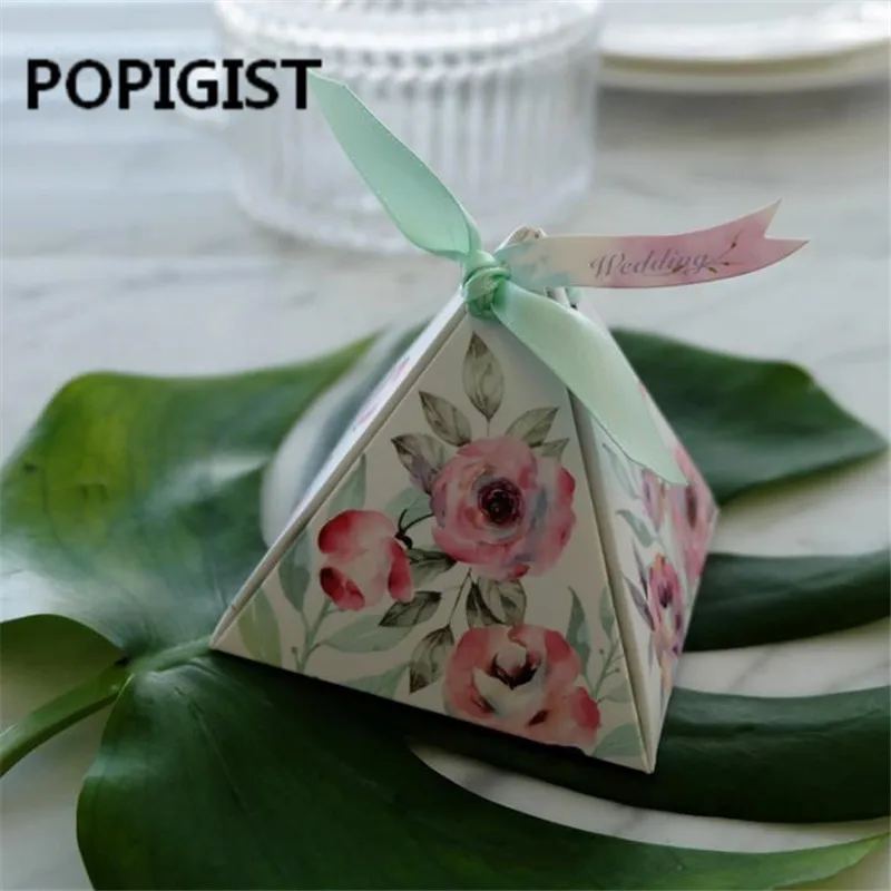 Promotional Exquisite Triangular sweet Camellia rose Flower Wedding Favors Candy Boxes Chocolate Gifts Box packaging box