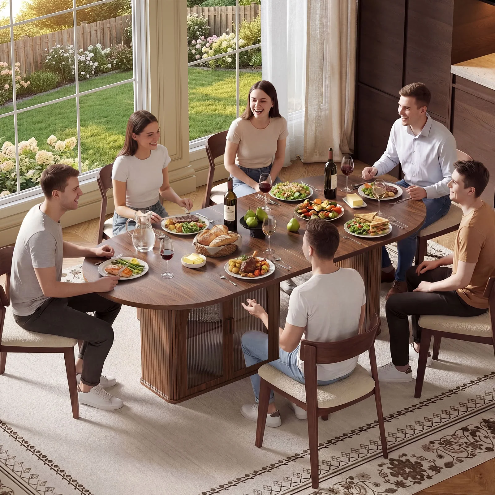 Walnut 70 Inch Oval Dining Table for 6-8 People, Modern Large Dining Room Table with 2-Tier Storage Space, Wood Center Kitchen Table with LED Light, Dinner Table with Heavy Duty Legs