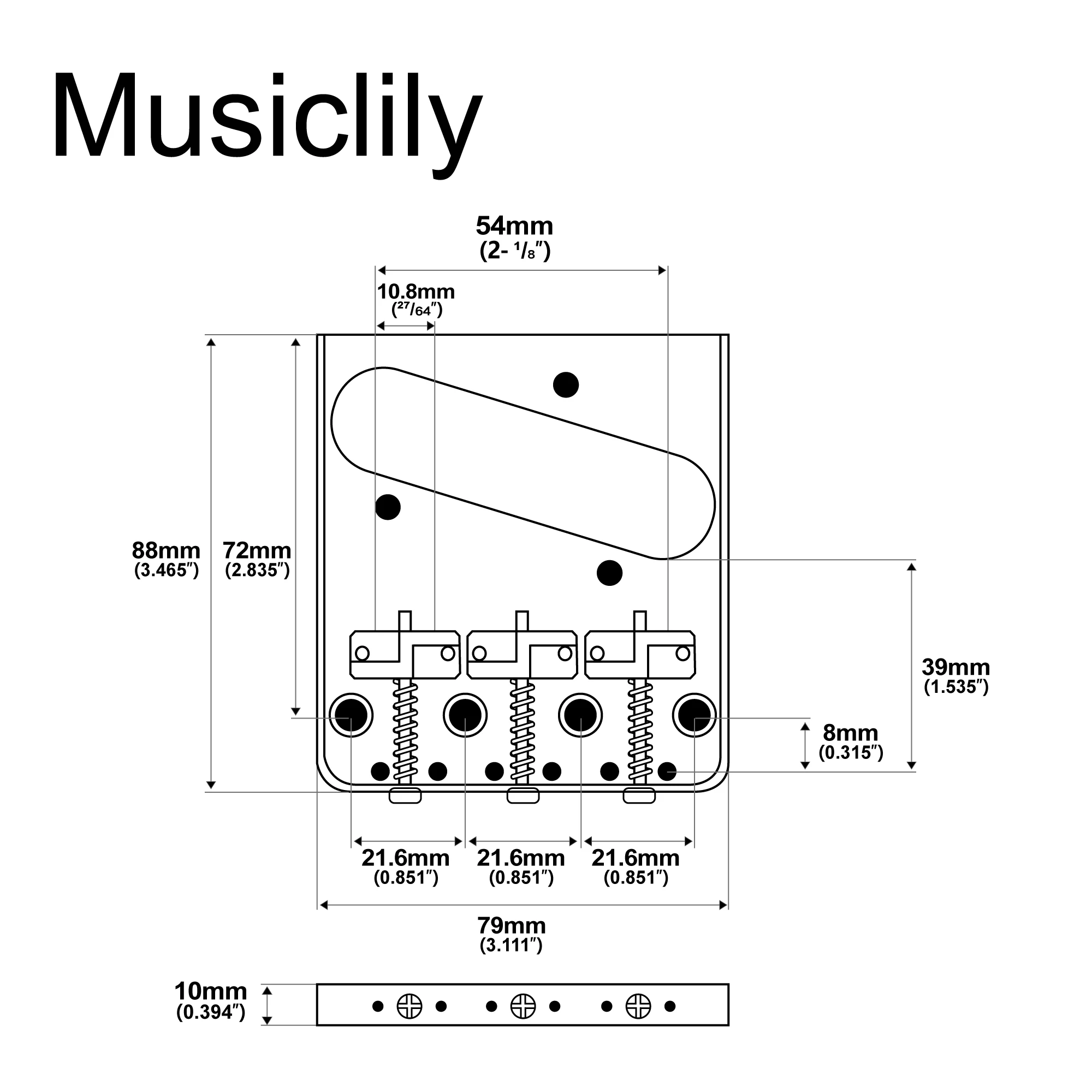 Musiclily Ultra 54mm Aluminum Plate Vintage Tele Bridge with Brass Compensated 3-Saddle for Telecaster Electric Guitar, Chrome