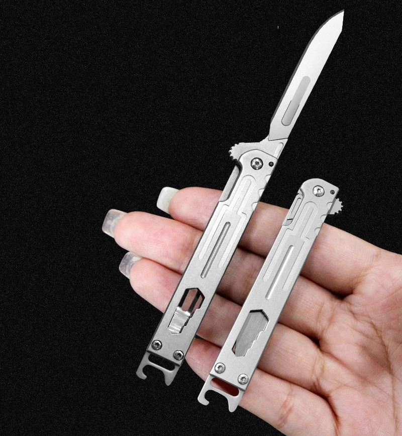 Stainless Steel Fast Open Scalpel Mini Folding Knife EDC Outdoor Unpacking Pocket Key Knife #60 Blades Replaceable Blade