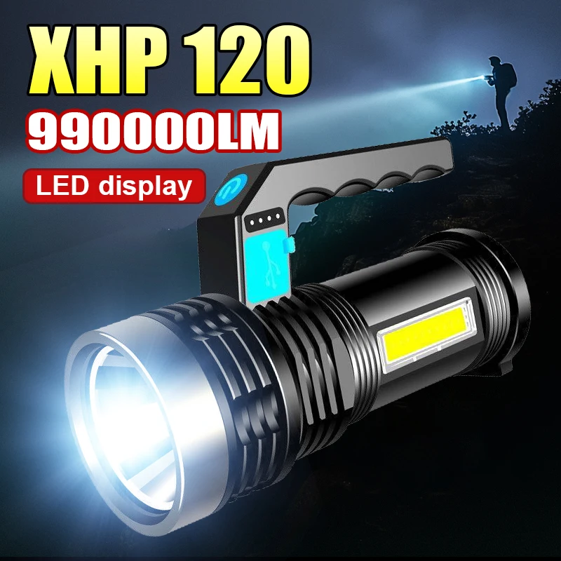 

Portable XHP120 LED Battery Flashlight 990000LM USB Torch Light 4 Modes Waterproof Tactical Outdoor Camping Rechargeable Lamp