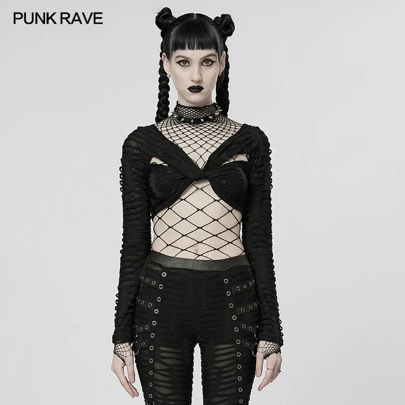 

PUNK RAVE женская темная эластичная перфорированная сексуальная футболка в стиле панк, модная короткая куртка с длинными рукавами, топы, весенне-летняя женская одежда