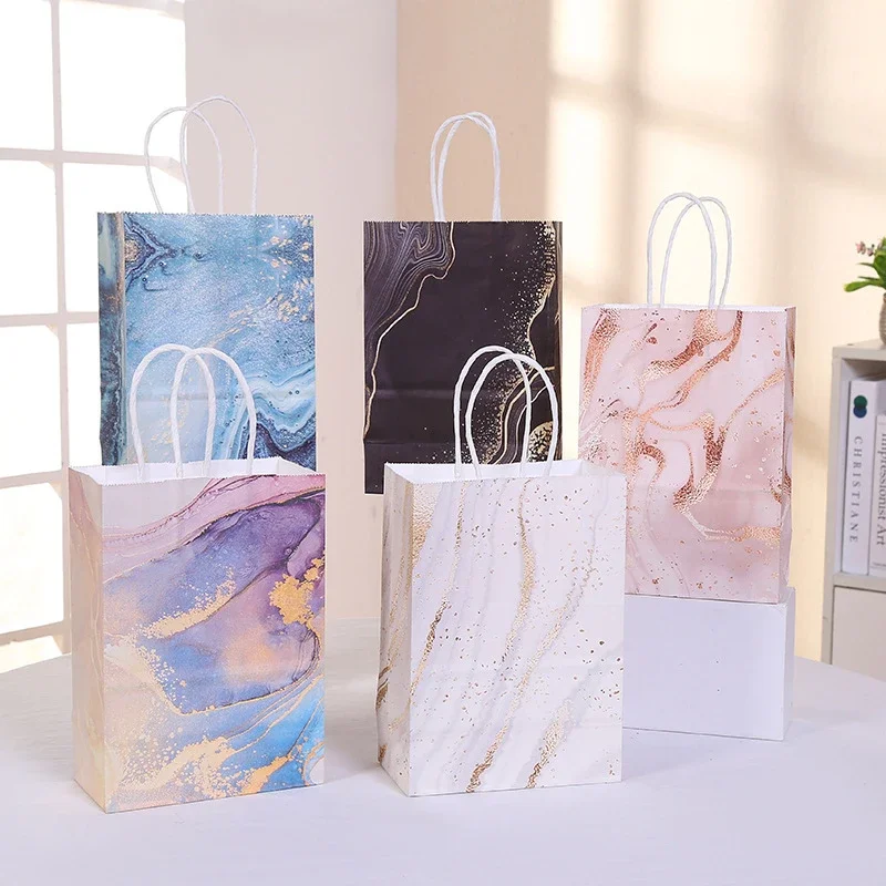 

12 pcs Marble Design Kraft Paper Gift Bag with Handle Birthday Party Packaging Bags Wedding Gifts for Guest Eid Ramadan Supplies