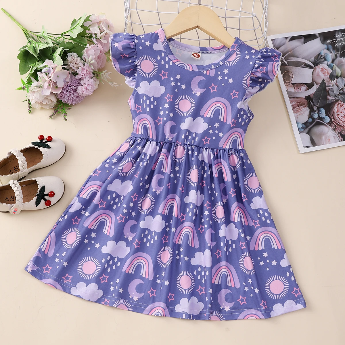 Girls Kids Dresses Spring Summer New Girls Lace Sleeve Rainbow Ruffles Pretty Dress Casual Fashion Clothes Vestidos 1 to 7 Years