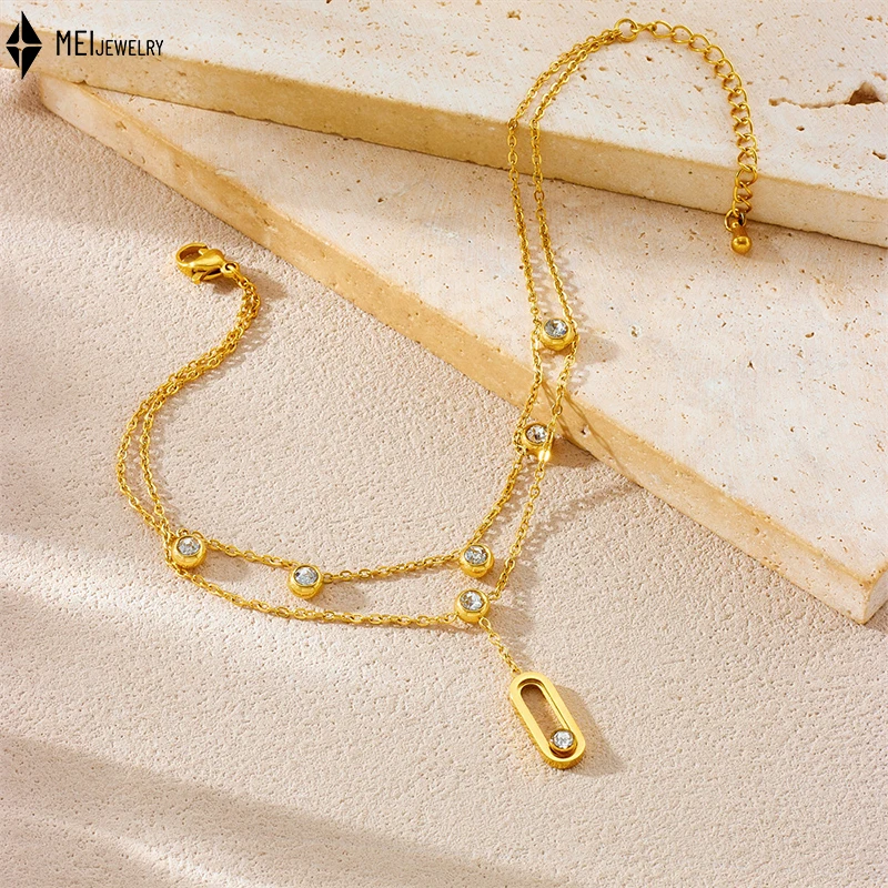 

Модный нишевый дизайн, легкие роскошные ювелирные изделия из нержавеющей стали, двухслойная цепочка с инкрустацией кубическим цирконием, геометрическая цепочка на ножной браслет ﻿