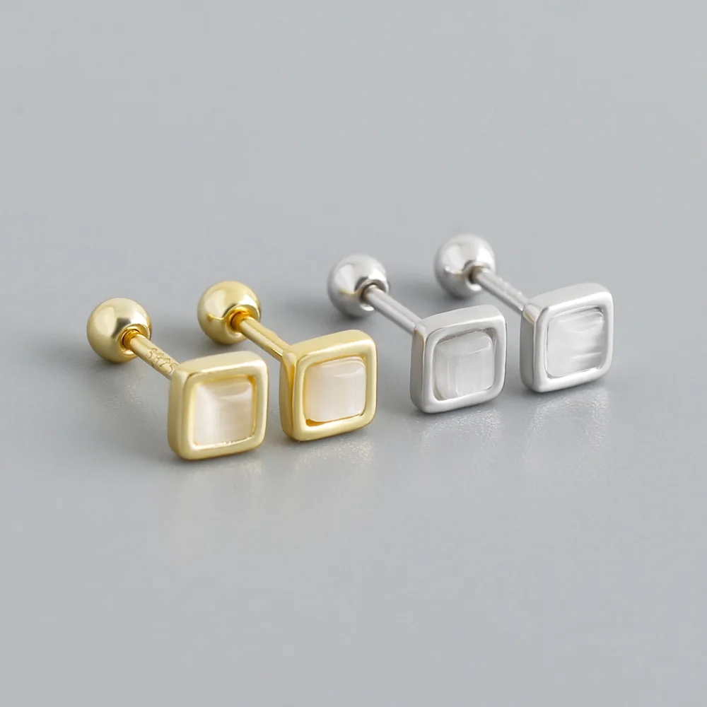 

CCFJOYAS минималистичные серьги-гвинты из стерлингового серебра 925 пробы с камнем «кошачий глаз» для женщин, милые мини-серьги квадратной формы для пирсинга
