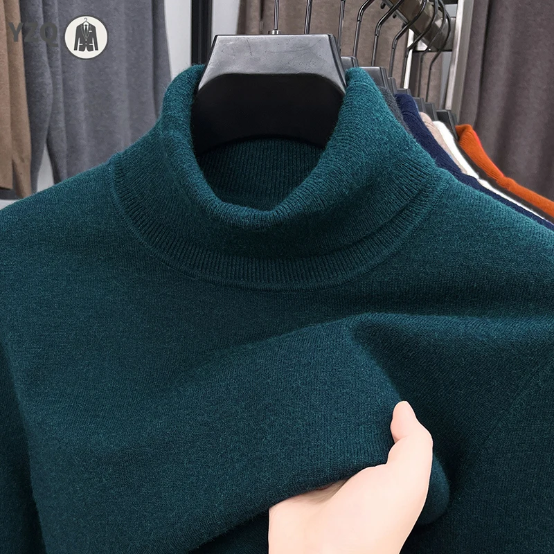 เสื้อสเวตเตอร์คอเต่าผู้ชายทรงเข้ารูป ผ้าถักคุณภาพสูง ป้องกันขนร่วง แขนยาว สีพื้น สำหรับฤดูใบไม้ร่วง สไตล์สตรีทแวร์