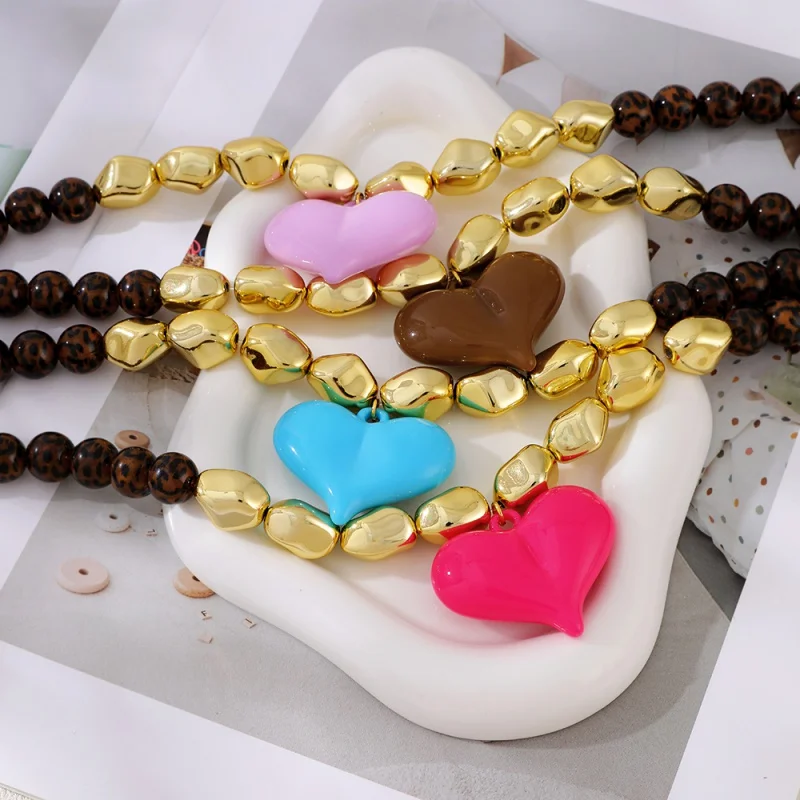 Leopard-Print Beaded Necklace with Irregular Gold Nugget and Large Heart Pendant