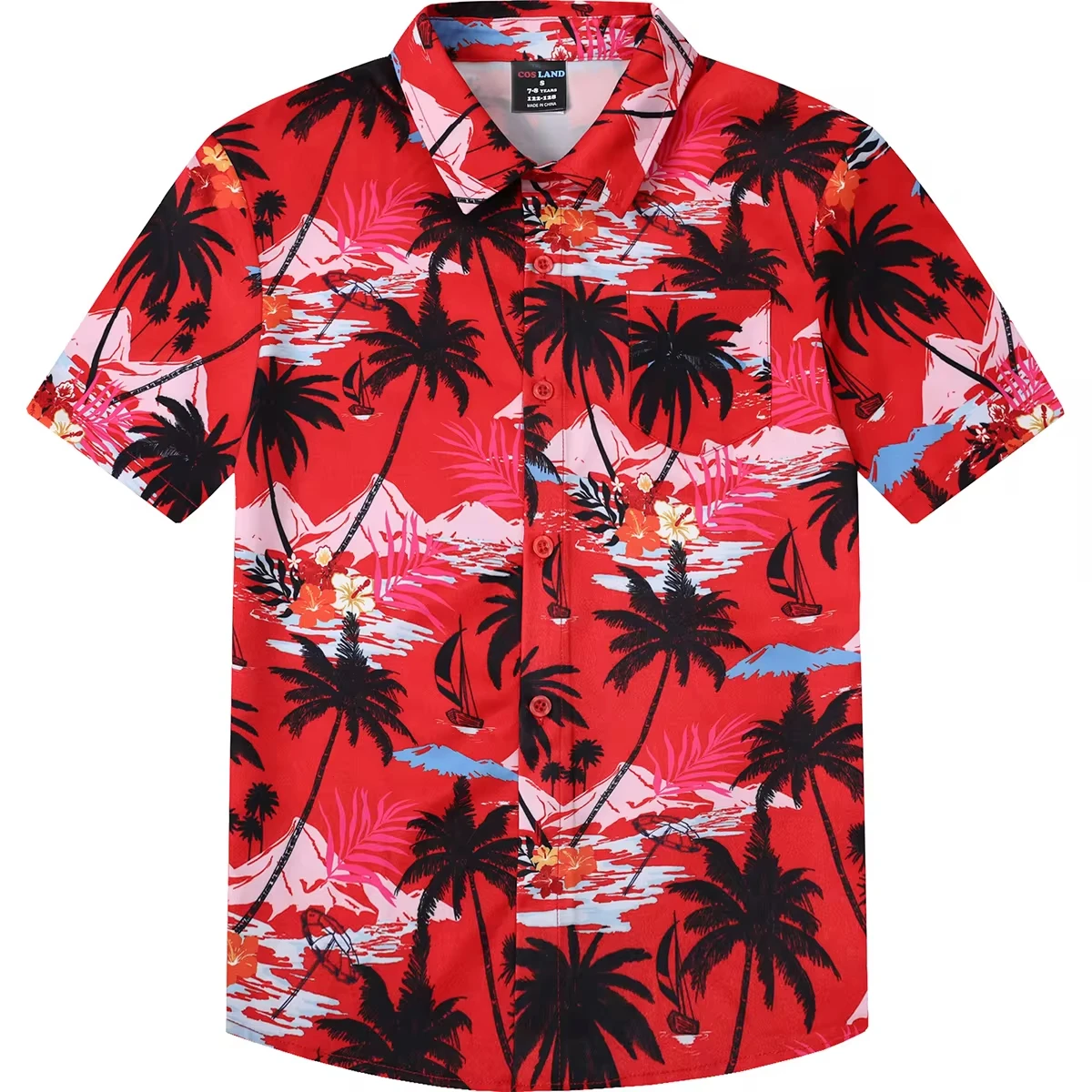 

Boys Red Hawaiian T-Shirt Kids Flamingo Printed Tee Summer Vacation Island Top Coconut Tree Tropical Button Down Short Sleeves