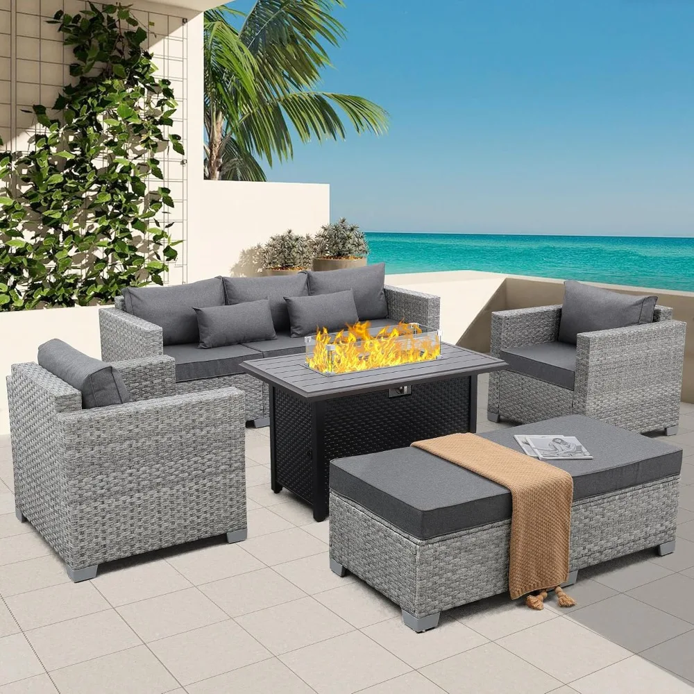 

Patio Furniture Set 6 Piece Grey Wicker Outdoor Furniture Patio Sectional Sofa Couch PE Rattan Conversation Sets with Fire Pit