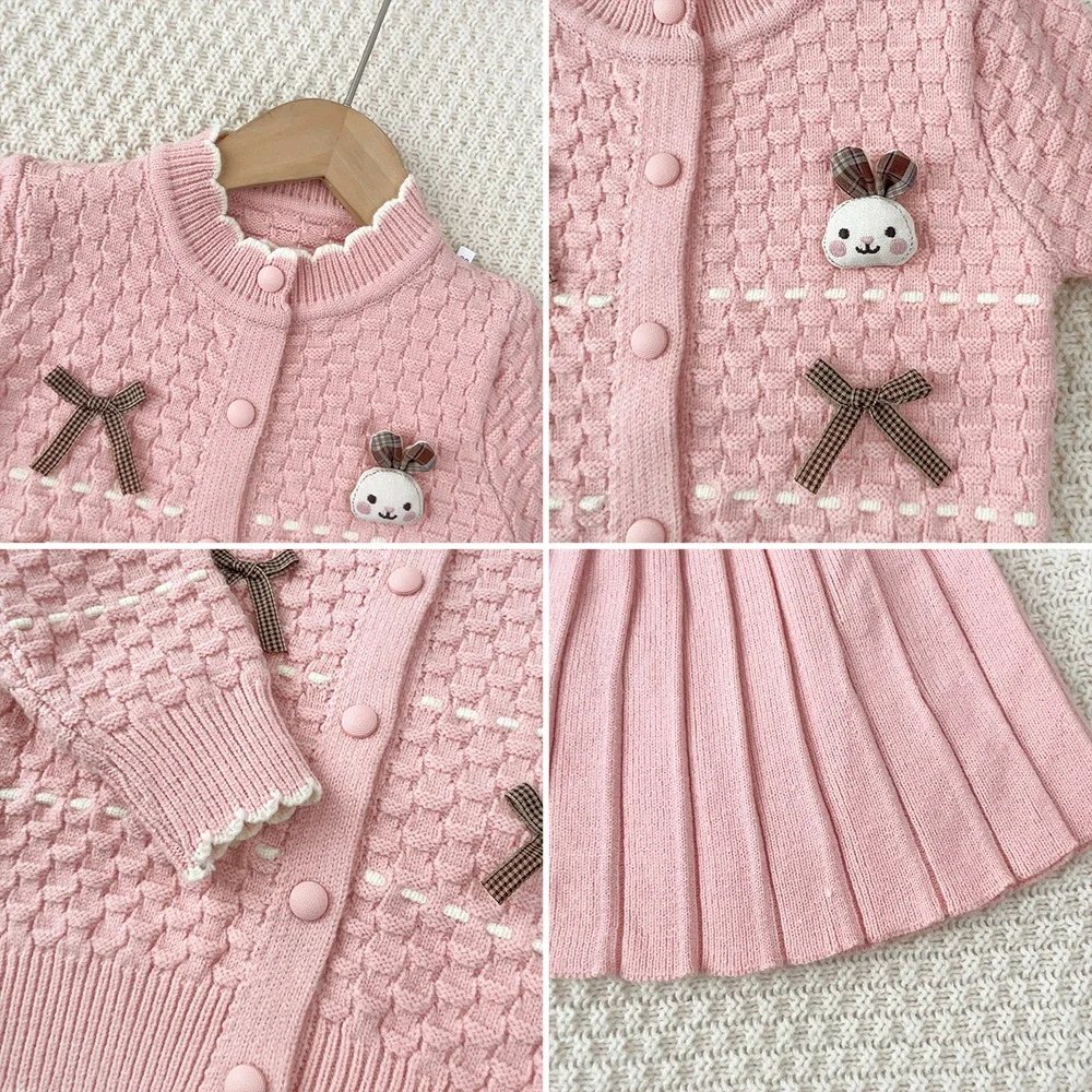 2-6 Jahre Altes Rosa Mädchen-Outfit für Herbst und Winter: Gestrickter Pullover + Plissierter Rock mit Cartoon-Häschen-Schleifendekoration Kinder-Set – Detail 14