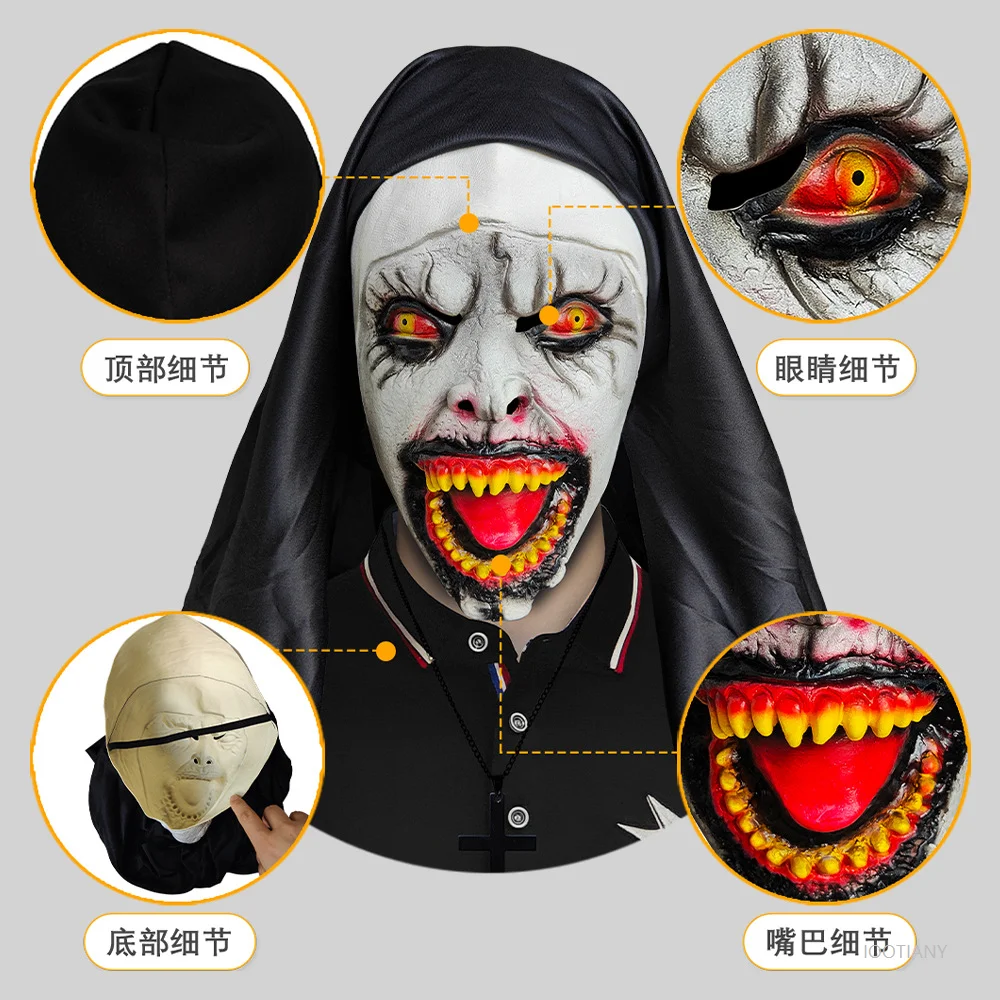 Horror Scream Bloed Mond Nun Hoofddeksel Maskerade Cosplay Horror Ghost Gezichtsmasker Halloween Party Zombie Nun Parodie Latex Rekwisieten