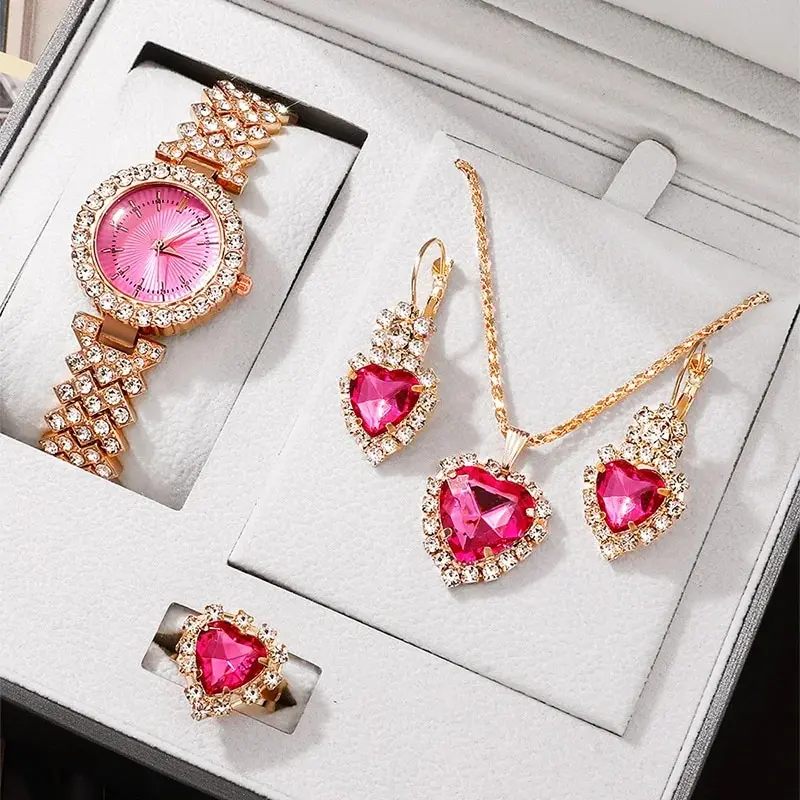 Gold Pink Luxury Watch Women Ring Necklace Earring Rhinestone Fashion Wristwatch Casual Ladies Bracelet Watches Jewelry Set